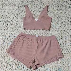 Garage "Nue" Women's Ribbed Lace Trim Sleepwear Set - Mauve